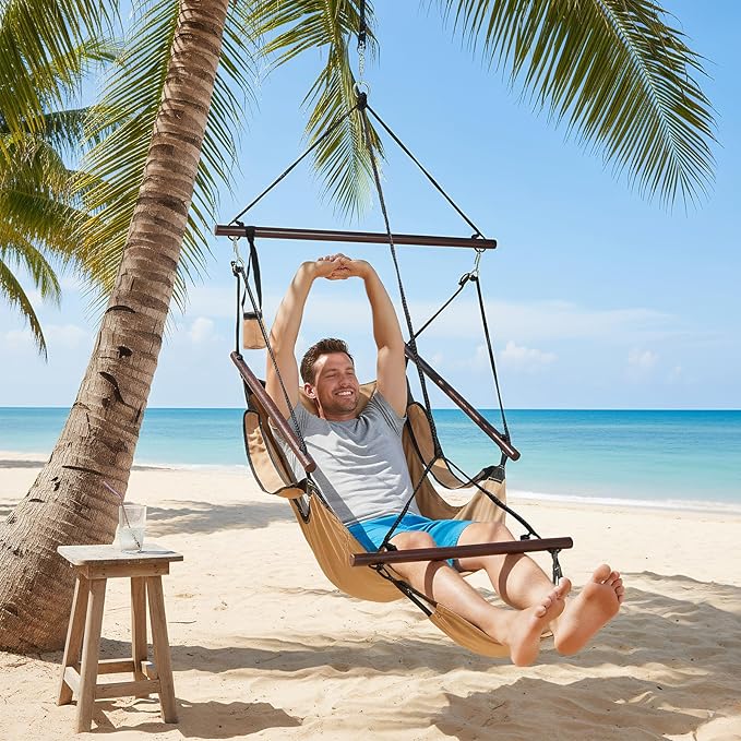 ONCLOUD Upgraded Unique Hammock Sky Chair, Air Deluxe Hanging Swing Seat with Rope Through Beech Wood Bar Safer Relax with Drink Holder & Fuller Pillow for Indoor Outdoor Patio Yard 250LBS (Tan)