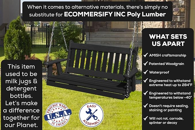 Mission Poly Lumber Wood 5FT Porch Swing Amish Craftsmandship Made in USA HDPE with No Wood fibers 1000 lbs Limit. Stainless Steel Hardware.Signature Design for Patio Outdoor Backyard Garden Park