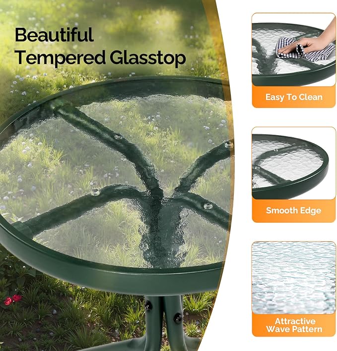 VINGLI Outdoor Side Table, 18" Patio Table Steel Frame Tempered Glass Top, Weatherproof Small Tables for Balcony Garden Poolside (Green, Round)