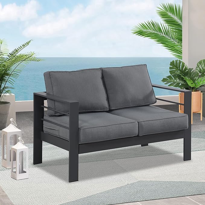 Wisteria Lane Patio Furniture Aluminum Loveseat, All-Weather Outdoor 2 Seats Sofa Couch, Gray Metal Chair with Dark Grey Cushions