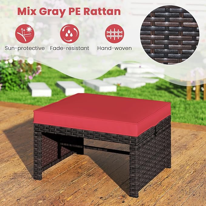 Tangkula 2 Pieces Patio PE Rattan Ottomans, Multipurpose Outdoor Footstool Footrest Additional Seating Side Table with Soft Zippered Cushions for Deck, Garden, Poolside and Yard (Red)