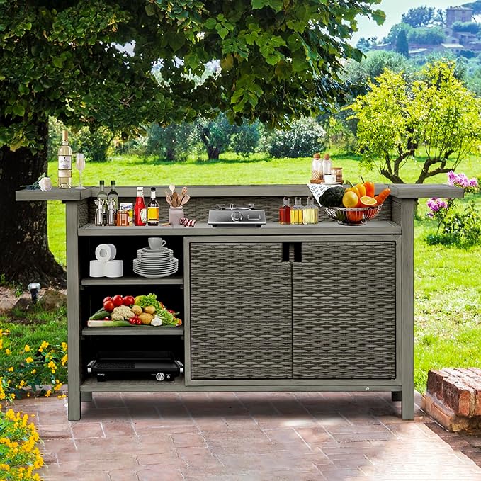 Domi Home Bar Unit，Modern Wicker Outdoor Bar Table with Aluminum Frame, Grill Table and Liquor Cabinet Bar for Patio, Home Kitchen, Dining Room, Living Room, Gray