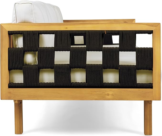 Christopher Knight Home Rosie Acacia Wood Outdoor Daybed Sofa with Water-Resistant Cushion, Solid Wood Patio 3 Seater Sofa Couch, Patio Garden Lounge Sofa with Woven Rope Accent, Black+Teak+Light Gray