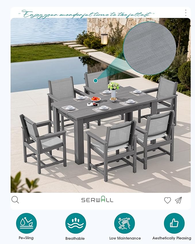 SERWALL 10 Piece Outdoor Dining Table Sets for 8 with 2 Umbrella Hole Cut-Out Rectangular Tables and 8 Textilene Chairs, HDPE Dining Table Sets for Garden, Backyard, Poolside, Gray