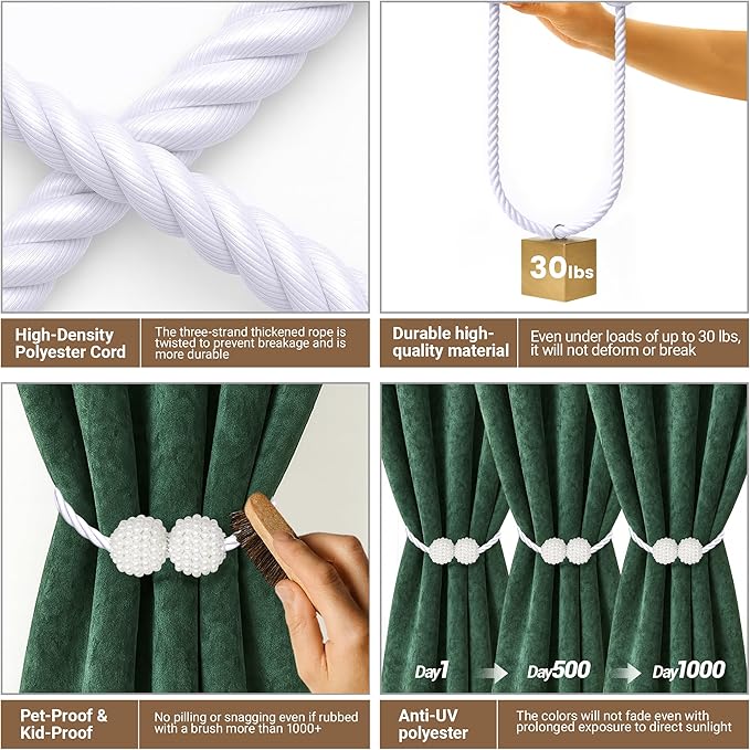 Hion Magnetic Curtain Tiebacks White 6 Pack, Curtain Tiebacks Buckles Holdbacks Holders Hooks Clip for Home Bedroom Office Decorative Thick or Thin Curtain
