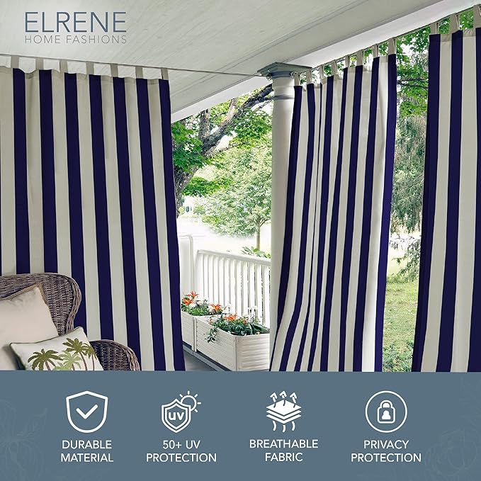 Elrene Home Fashions Highland Stripe Indoor/Outdoor Curtain Panel, 50 inches X 95 inches, Navy