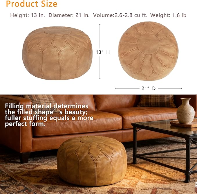 Thgonwid Unstuffed Moroccan Faux Leather Pouf Ottoman with Storage - Handmade Boho Chic Multi-Use Footrest for Living Room, Bedroom, Patio - Round Ethnic Floor Cushion & Decorative Accent, Khaki
