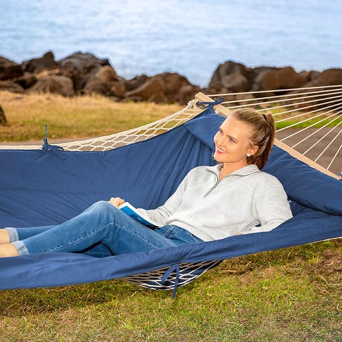 SUNCREAT Hammocks Outdoor Double Hammock with Hardwood Spreader Bar, Heavy Duty Cotton Rope Hammock with Polyester Pad, Dark Blue