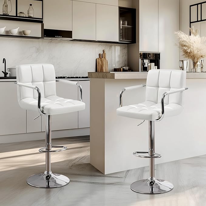 Yaheetech Bar Stools Set of 2, PU Leather Adjustable Swivel Barstools, Hydraulic Kitchen Counter Height Bar Chairs with Armrest and Back for Bar, Kitchen, Dining Room, White