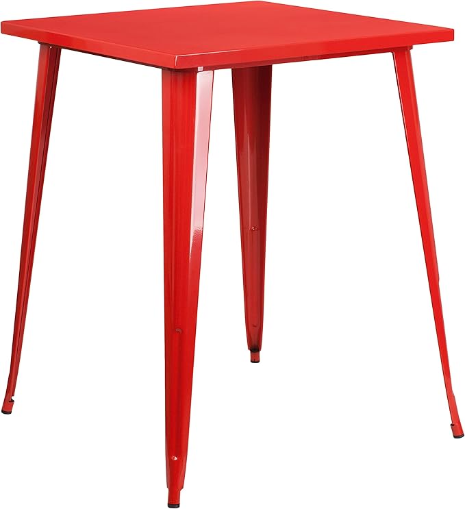 EMMA + OLIVER Commercial Grade 31.5" Square Red Metal Indoor-Outdoor Bar Height Table