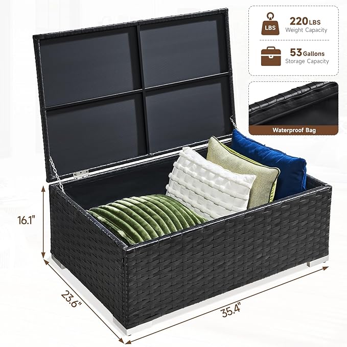 ONBRILL Outdoor Coffee Table with Storage, Rattan Storage Coffee Table with Internal Waterproof Bag, Low Side Table for Patio, Porch, Backyard, Poolside - Black