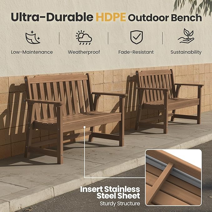 Ciokea 49" Heavy Duty Outdoor Bench, HDPE Weatherproof Porch Benches, Durable 2-Person Garden Benches with 660 Lbs, Waterproof Patio Bench for Outside Balcony Deck Backyard, Teak