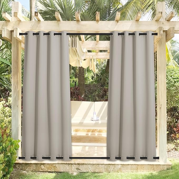 NICETOWN 2 Panels Outdoor Curtains for Patio Waterproof 108 inches Long, Windproof Thermal Insulated Top & Bottom Grommet Blackout Outdoor Drapes Cold & Heat Blocking for Porch, Natural, W52 x L108