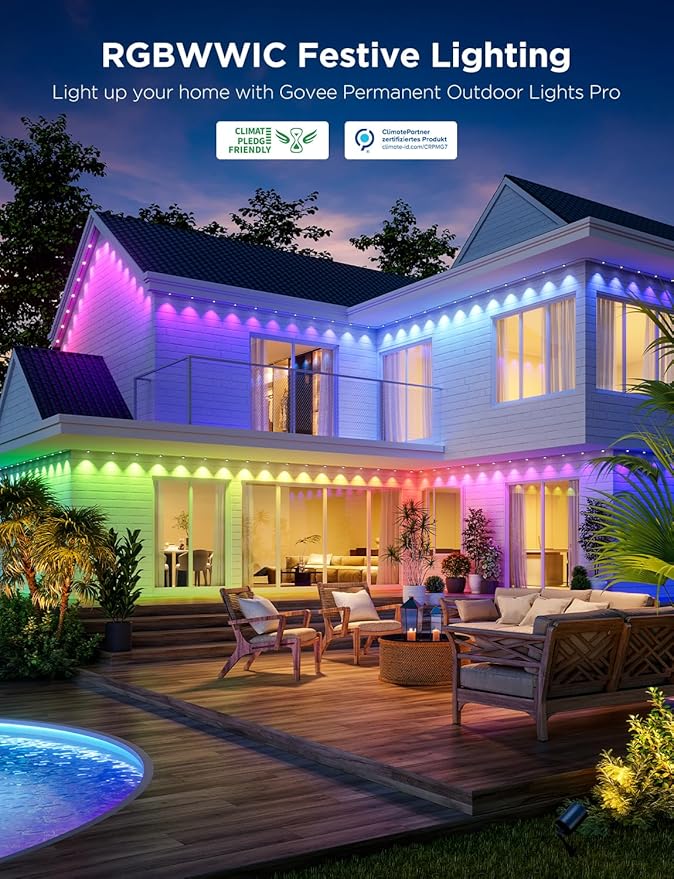 Govee Permanent Outdoor Lights Pro, 100ft with 60 RGBIC LED Lights for Daily and Accent Lighting, 75 Scene Modes for Outdoor Decor, IP67 Waterproof, Works with Alexa, Google Assistant, Matter, White