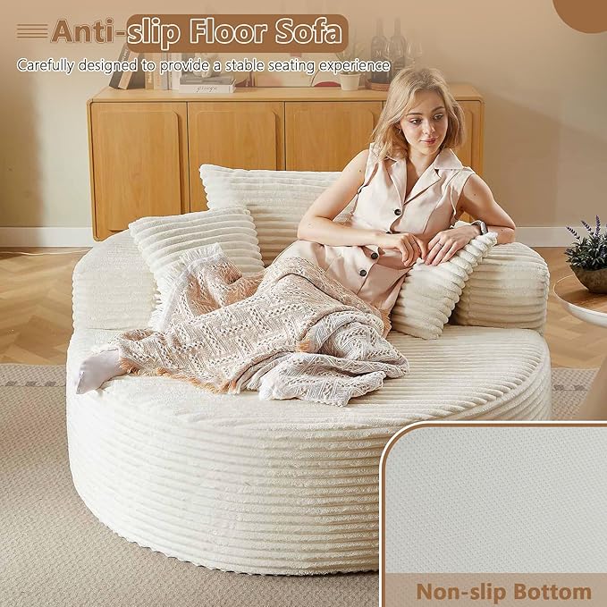 Oversized Round Chair Lounge Chaise Indoor, Upholstered Corduroy Deep Seat Cloud Large Circle Sofa Chair, No Assembly Required, Fluffy Modern Sleeper Sofa Bed for Reading, Light White