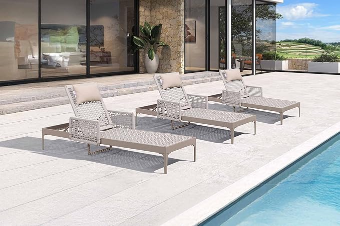 PURPLE LEAF 3 Pieces Outdoor Chaise Lounge Set Rattan Wicker Lounger with Arms Poolside Furniture Adjustable Recliners Patio Lounge Chairs for Beach Yard Garden Balcony, Champagne