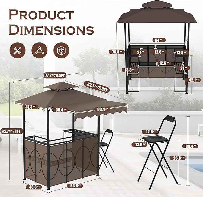 Grepatio 3 Piece Patio Bar and Grill Set, Grill Gazebo with Bar Table and 2 Foldable Stools, Outdoor Bar Set with Canopy, Extra Adjustable Shadow, Storage Shelves, Glass Holders for Garden Backyard