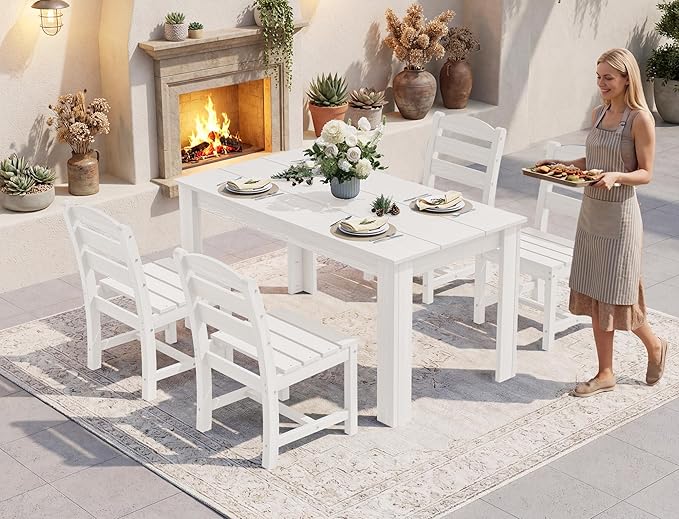SERWALL Outdoor Dining Sets for 6, HDPE Dining Sets with 1 Umbrella Hole Cut-Out Rectangular Table and 4 Armless Chairs and 2 Armchairs, Patio Dining Sets, White