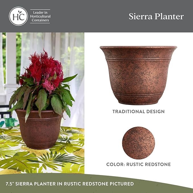 The HC Companies Sierra Round Self-Watering Pot - Lightweight Plastic Planter for Herbs & More - Durable Plant Pots for Indoor Plants & Outdoor Plants (13” Rustic Redstone, Pack of 1)