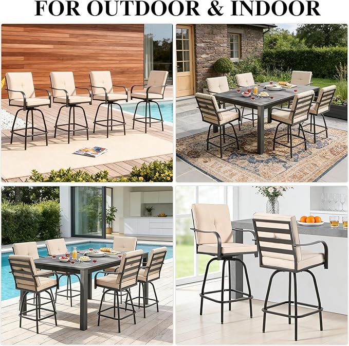 Patio Swivel Bar Stools, Outdoor Bar Height Swivel Chairs Set of 6 with Cushion & All Weather Steel Frame for Backyard, Lawn, Poolside and Balcony, Beige