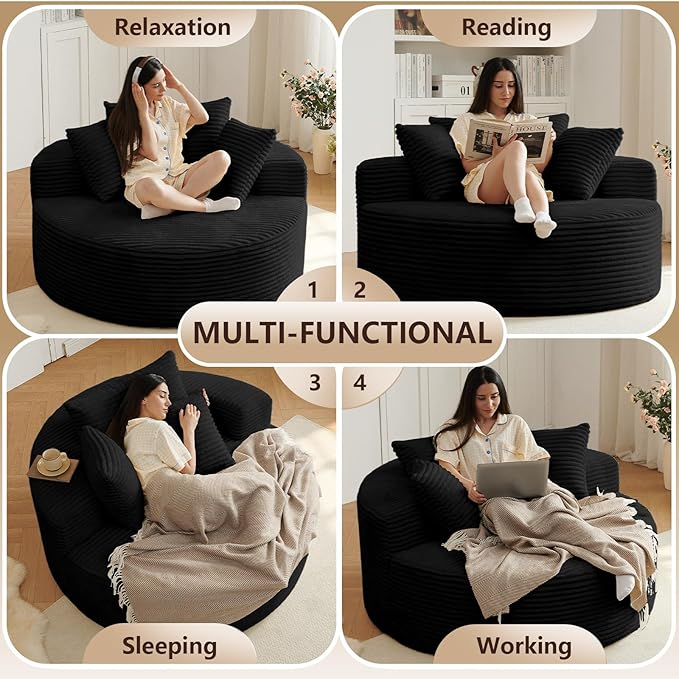 Oversized Round Chair Lounge Chaise Indoor, Upholstered Corduroy Deep Seat Cloud Large Circle Sofa Chair, No Assembly Required, Fluffy Modern Sleeper Sofa Bed for Reading, Living Room, Bedroom, Black