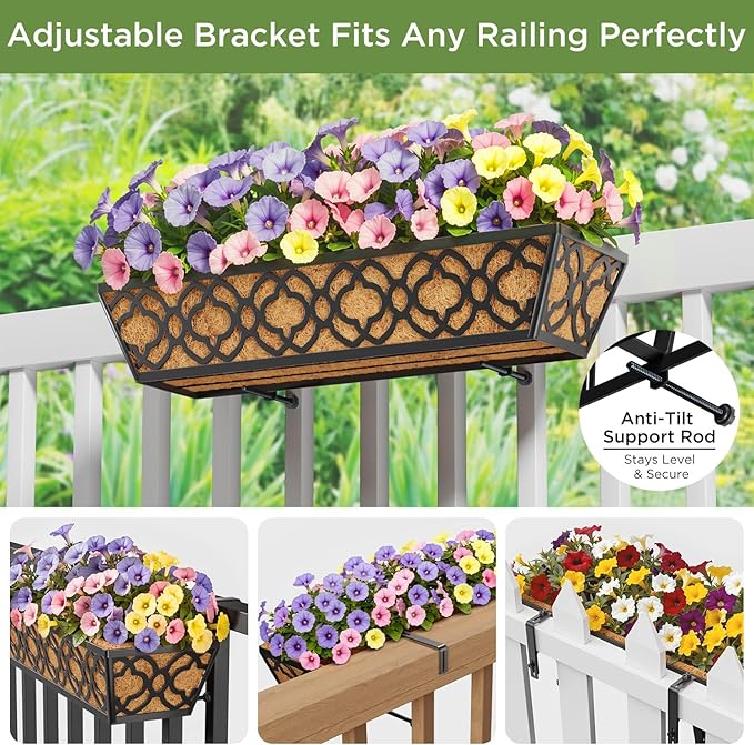 Y&M 24 Inch Window Deck with Coco Liner, Fence Metal Hanging Flower Planter Window Basket Deck Railing Planter Boxes for Outdoor Garden Lawn,6pcs