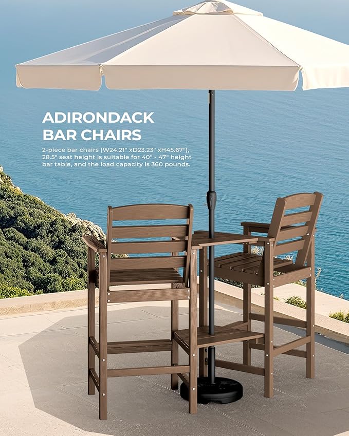 SERWALL Tall Adirondack Chairs Set of 2 with Connecting Table, Balcony Adirondack Chairs Set, Outdoor Bar Height Barstools Chair Set for Bistro, Poolside, Garden, Brown