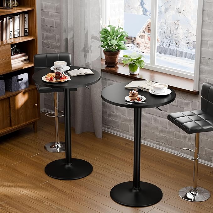 Flamaker Round Bistro Pub Table 23.6 Inch Height Adjustable 360° Swivel Bar Table Metal Base for Pub, Dining Room, Party (1, Full Black)