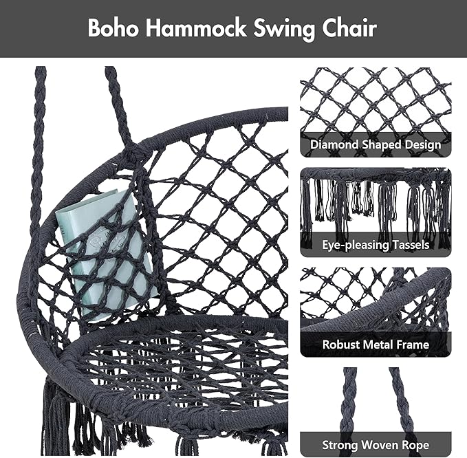 ANOW Hanging Swing Chair with Stand Included, Heavy Duty Hammock Chair with Stand and Removable Padded Cushion, Max 400 Lbs, Dark Grey