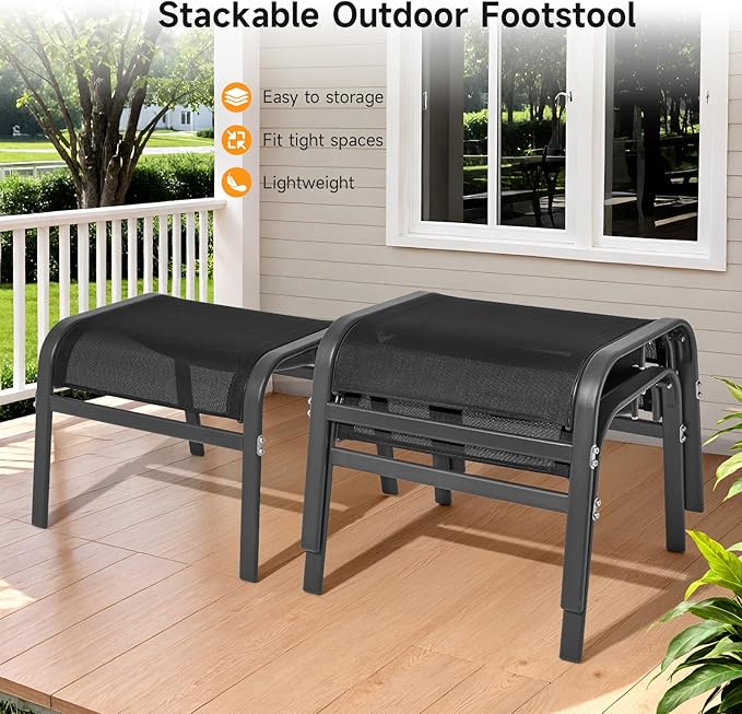 ONBRILL Outdoor Ottoman Foot Rest Set of 2, Textilene Fabric Outdoor Footstool with Tight Surface and Stable Metal Frame, Wide Use Outdoor Ottomans for Patio, Balcony, Poolside and Indoors, Black