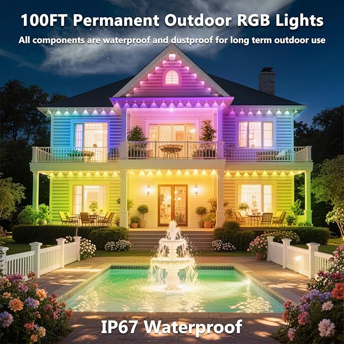 100FT Permanent Outdoor Lights for House Waterproof, IP67, Outdoor Permanent led Lights for Holidays, Daily & Pool Party Decor, Scene Modes, App/Remote Control