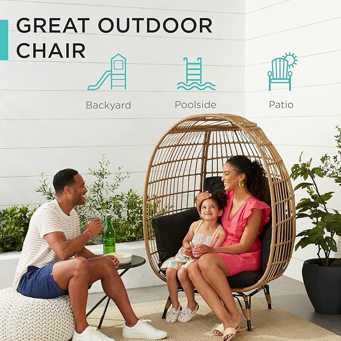 Best Choice Products Wicker Egg Chair, Oversized Indoor Outdoor Lounger for Patio, Backyard, Living Room w/ 4 Cushions, Steel Frame, 440lb Capacity - Black