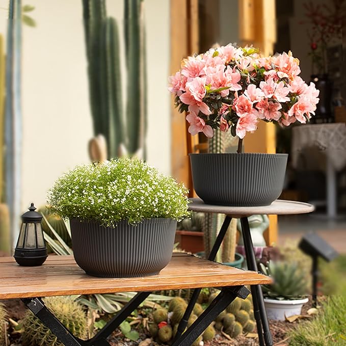 T4U 10 Inch Self Watering Pots for Indoor Plants, Plastic Plant Pots with Drainage Hole, Large Flower Pots for Indoor Outdoor Plants Cactus, Garden, Set of 2, Gray