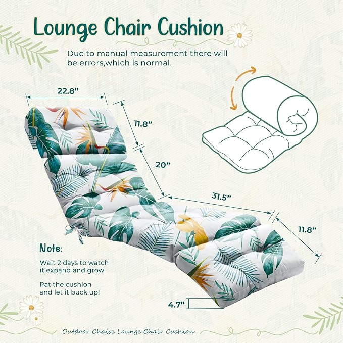 Outdoor Chaise Lounge Chair Cushion 75.1 x 22.8 x 4.7 Inches 100% Waterproof Replacement Cotton Patio Pool Lounge Chair Cushion for Outdoor Furniture with Ties, Yellow-Green Leaf