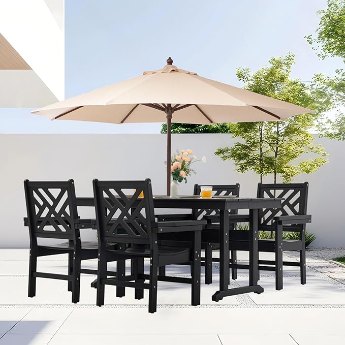HDPE Dining Table Set for 4,5-Piece Outdoor Table and Chairs Include 4 Dining Chairs and 62.5" Patio Dining Table with Umbrella Hole (Black)