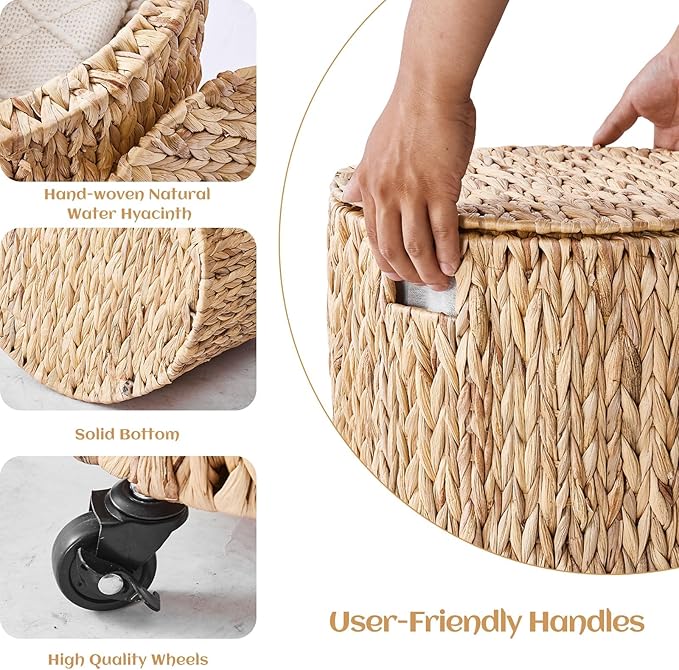 Wimarsbon Round Pouf Ottomans, Handwoven Natural Water Hyacinth Seagrass Pouffe,Outdoor Rattan Stool Accent Seat, Bohemian Coastal Home Decor (Storage Ottoman - Natural Water Hyacinth Braid)