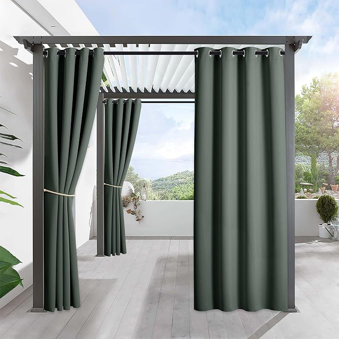 RYB HOME Outdoor Curtains for Patio Waterproof Block Sunlight Thermal Insulated Privacy Assured Thick Outside Curtains for Porch, Gazebo, Pergola, W52 x L95, Dark Green, 1 Panel