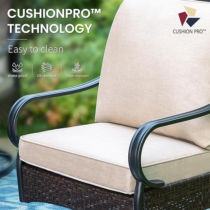 PHI VILLA Patio Swivel Chairs Set of 2, Heavy Duty Outdoor Metal Wicker Dining Chair with Padded Cushions, Large All Weather Wrought Iron Patio Chair for Deck Support 300lbs