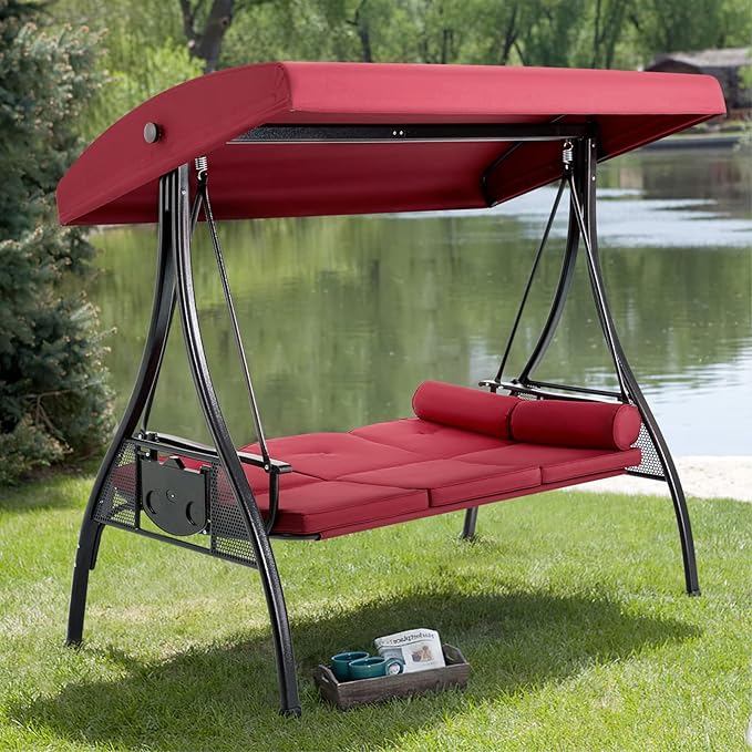 HOMREST 3 Person Outdoor Porch Swing with 1.5" Upgraded Cup Holder, Adjustable Canopy, Backrest, Patio Swing Bed with Weather Resistant Steel Frame, Cushions for Garden,Deck and Poolside(Wine Red)