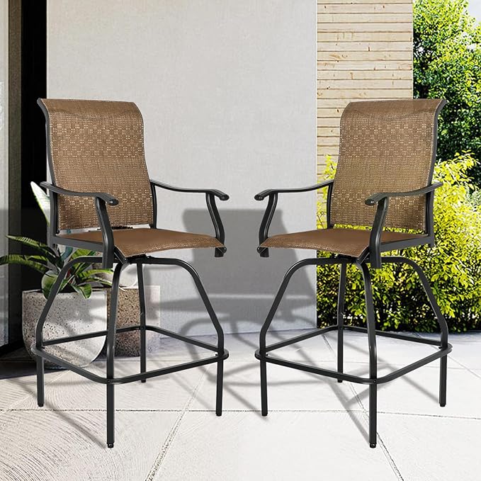 LEVELEVE Patio Bar Set 4pcs Swivel Bar Stools Outdoor Bistro Textilene Furniture Stability All-Weather Set (Dark Brown Fabric)