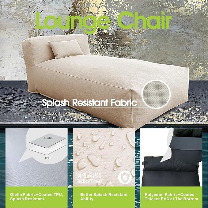 Outdoor Bean Bed Chair Sun Lounger, Outdoor Couch Sofa for Patio & Pool, Foam Filling Day Bed Furniture, Comfy Lazy Sofa for Outside, Water-Resistant Seating (Light Beige, 70'' L)