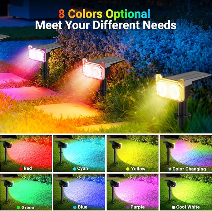 WdtPro Solar Color Changing Spot Lights, 8 Lighting Modes Solar Lights Outdoor Waterproof, Multicolor RGB Outdoor Lights, 7 Colors Auto Cycling Landscape Spolights for Yard Garden Decoration, 2 Pack