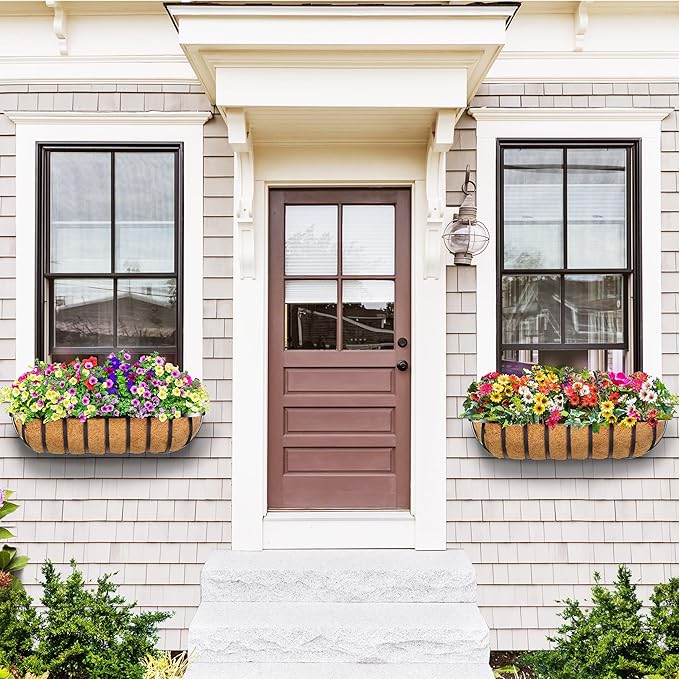 4pcs 24" Window Box Deck Railing Planter with Coco Liner, Metal Hanging Flower Planter Window Basket, Wall Planters Boxes with Horse Trough Coco Liner for Outdoor Indoor Balcony Porch Fence