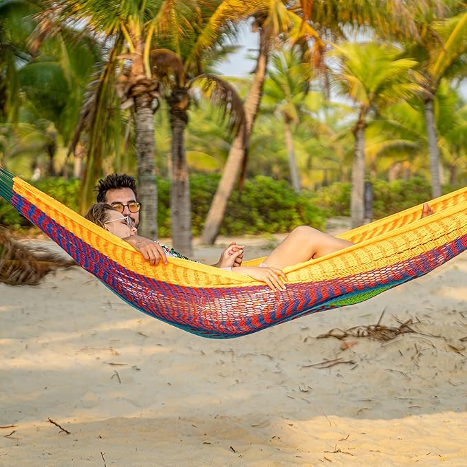 Lazy Daze Hammocks Handwoven Mayan Hammock, 10.5 FT Soft Rope Double Hammocks, Portable Outdoor Hammock with Carry Bag, 2 Straps & Carabiners for Patio Outside, 550 lbs Weight Capacity, Multi Color
