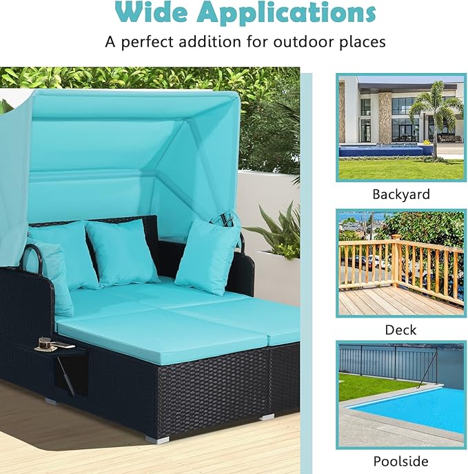 Salches Outdoor Daybed, Patio Daybed with Retractable Canopy, High-Resilient Soft Cushions, Foldable Side Trays, Outdoor Bed Loveseat for Garden, Backyard, Porch (Turquoise)
