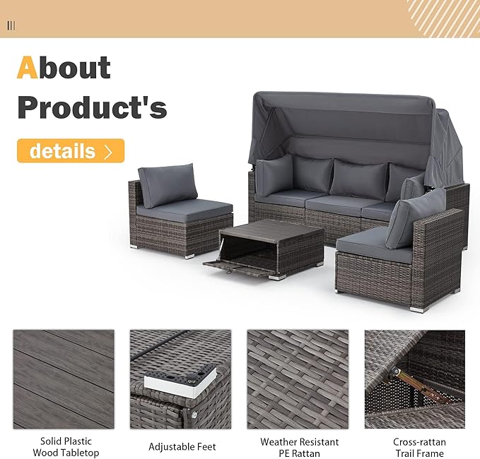 Vicluke 6 Pieces Patio Furniture Sets Outdoor Sectional Sofa Set Rattan Daybed with Retractable Canopy, Adjustable Backrest, Storable Tea Table Rectangle Sunbed for Backyard Garden Poolside(Grey)