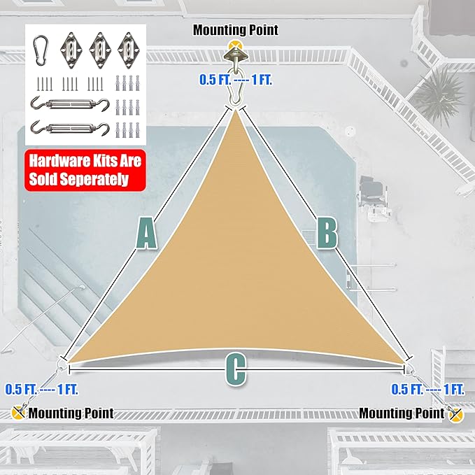 Amgo 22' x 22' x 22' Beige Triangle Sun Shade Sail UPF50+ Canopy Awning AGSLT, 95% UV Blockage, Water & Air Permeable, 200GSM Heavy Duty Commercial and Residential (We Make Custom Sizes)