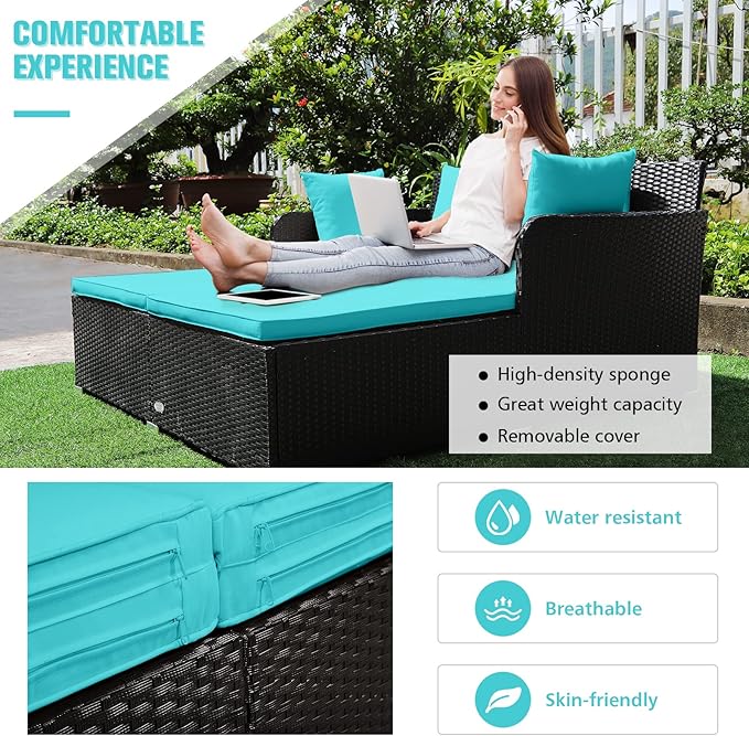 RELAX4LIFE Rattan Patio Outdoor Daybed, Wicker 2-Person Sunbed Loveseat with Soft Cushions, 4 Pillows, Curved Backrest & Armrest, Double Bed Lounger Sofa Set for Balcony Porch, Patio Bed (Turquoise)