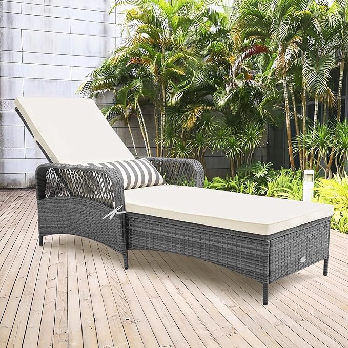 Tangkula Wicker Chaise Lounge Outdoor Set of 2, Patio Rattan Reclining Chaise with 6-Gear Adjustable Backrest, Thick Padded Cushion & Removable Lumbar Pillow, Pool Lounge Chairs for Outside Balcony