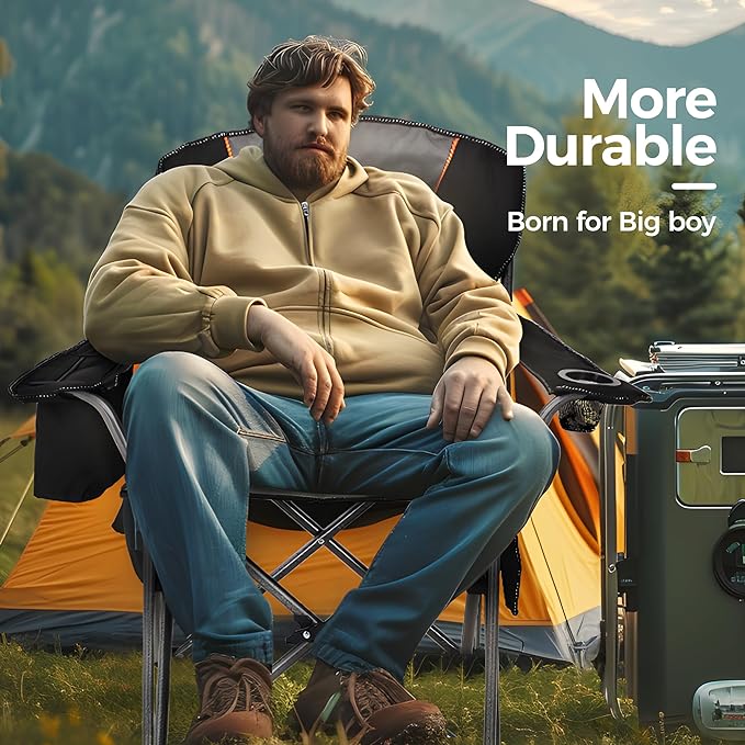 ALPHA CAMP Heavy Duty Camping Chair 500LBS Capacity, Oversized Folding Chair for Heavy People, Padded Portable Outdoor Chair with Cooler Bag & Cup Holder for Camping, Fishing, Beach